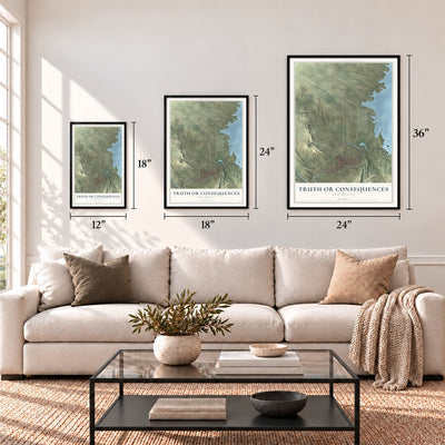 Truth or Consequences, New Mexico map in 12 x 18, 18 x 24 and 24 x 36 inch sizes above a sofa