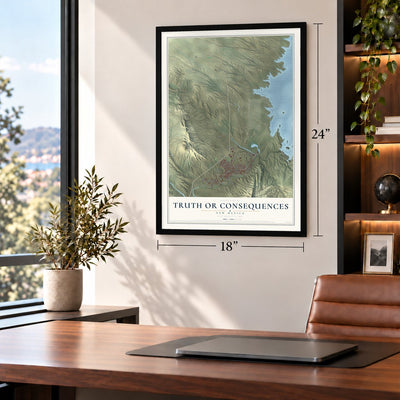Truth or Consequences, New Mexico map, 18 x 24 inch print in a black frame in a home office