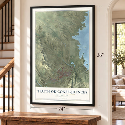 Truth or Consequences, New Mexico map, 24 x 36 inch print in a black frame by a staircase