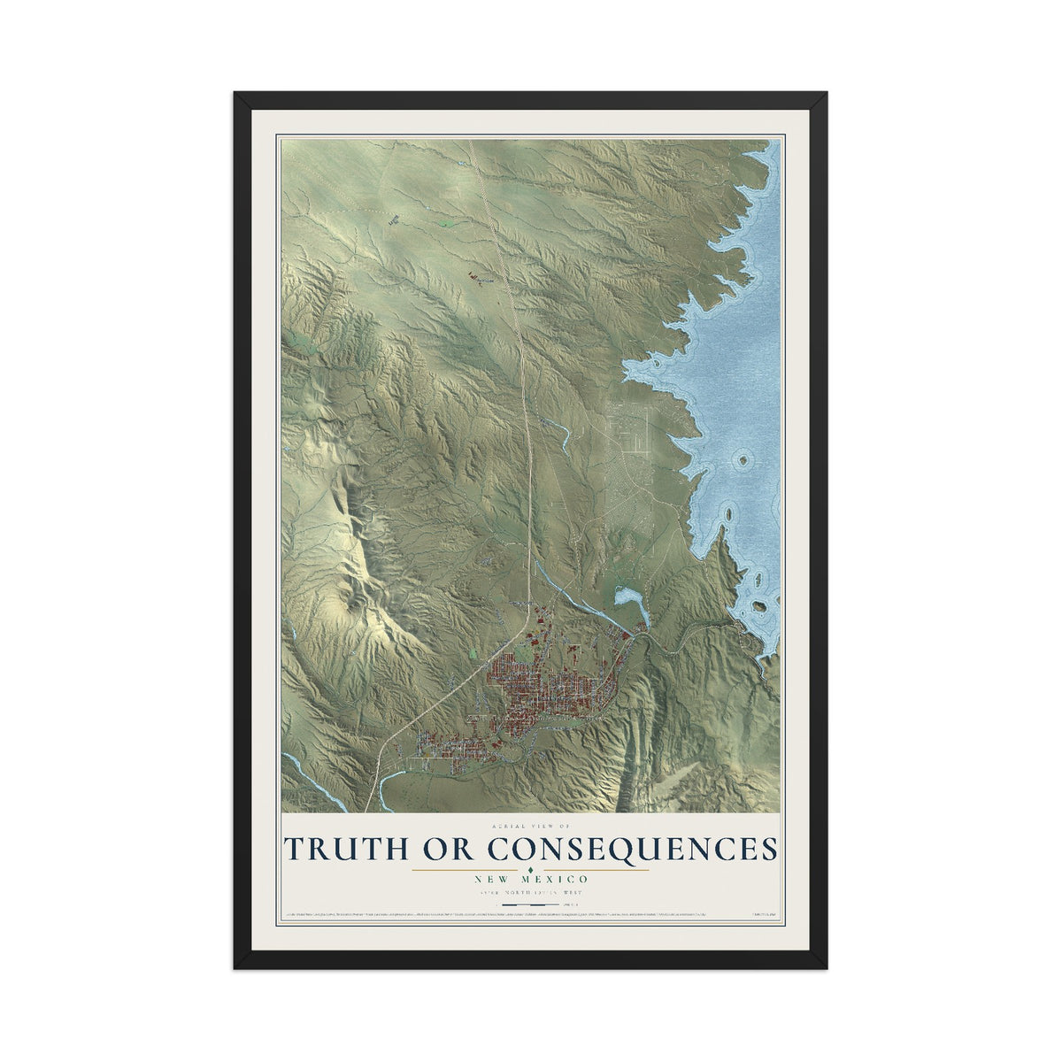 Map of Truth or Consequences, New Mexico, 12 x 18 inch print in a black wood frame