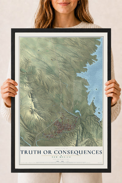 Map of Truth or Consequences, New Mexico, 18 x 24 inch print in a black wood frame