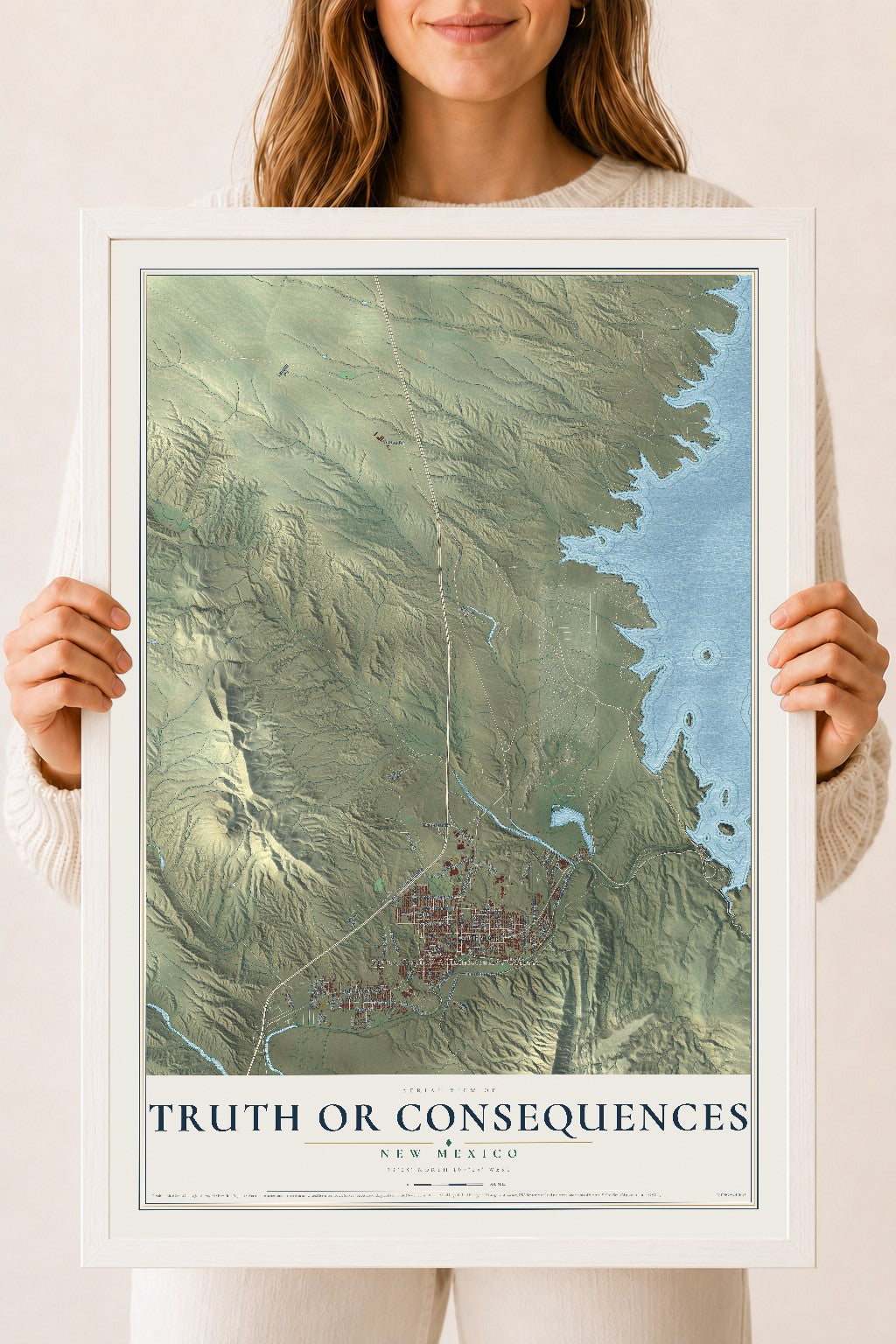 Map of Truth or Consequences, New Mexico, 18 x 24 inch print in a white wood frame