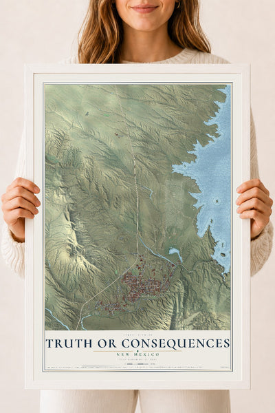 Map of Truth or Consequences, New Mexico, 18 x 24 inch print in a white wood frame
