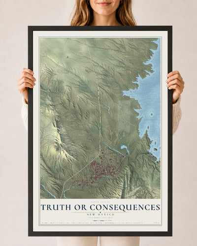 Map of Truth or Consequences, New Mexico, 24 x 36 inch print in a black wood frame