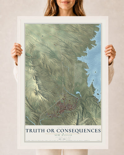 Map of Truth or Consequences, New Mexico, 24 x 36 inch print in a white wood frame