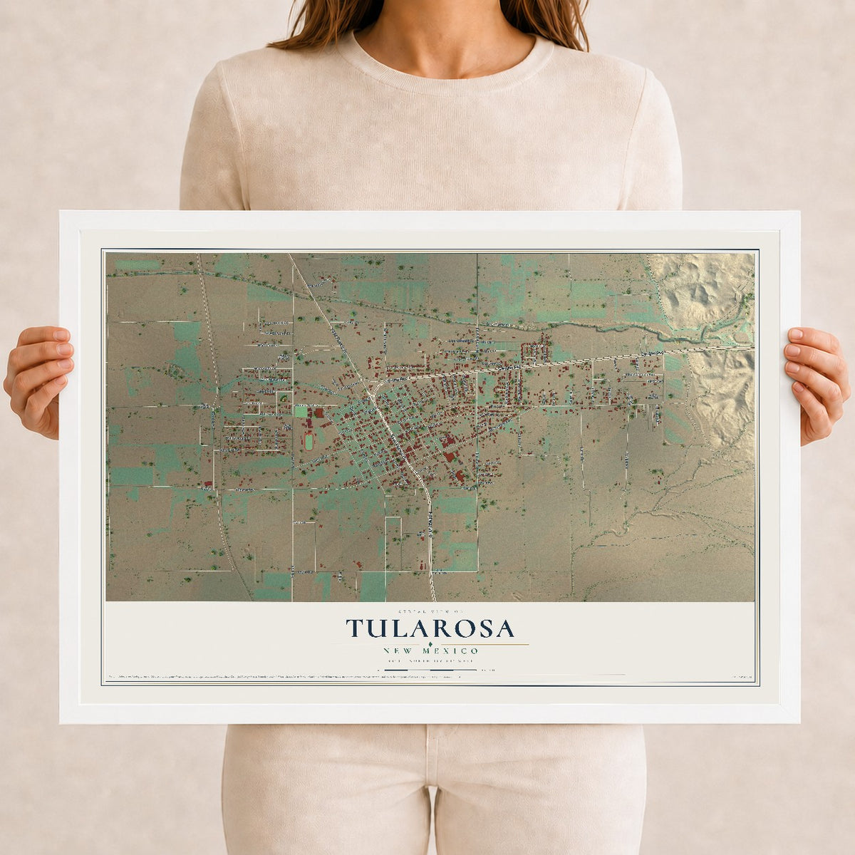 Map of Tularosa, New Mexico, 12 x 18 inch print in a white wood frame