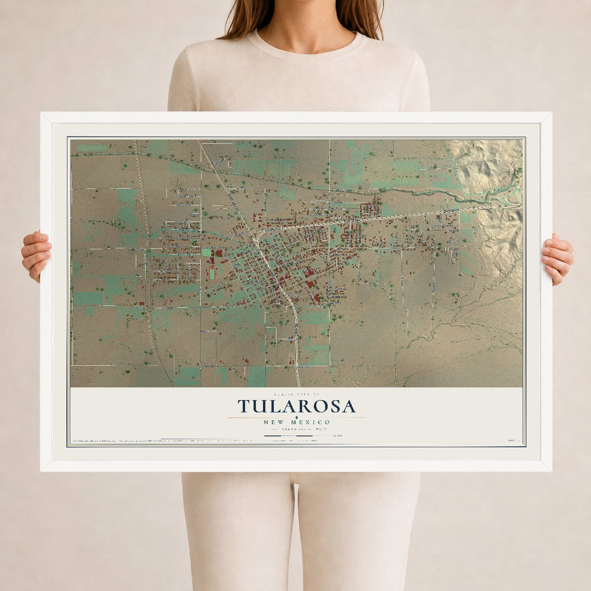 Map of Tularosa, New Mexico, 24 x 36 inch print in a white wood frame