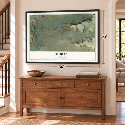 Turley, New Mexico map, 24 x 36 inch print in a black frame above a dresser by a staircase