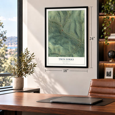 Twin Forks, New Mexico map, 18 x 24 inch print in a black frame in a home office