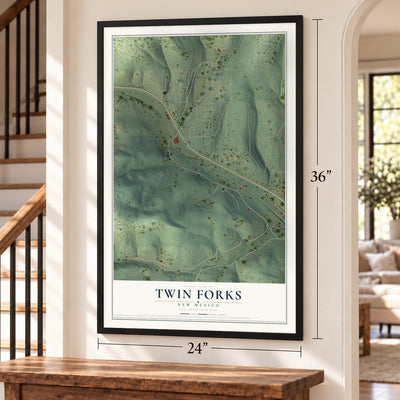 Twin Forks, New Mexico map, 24 x 36 inch print in a black frame by a staircase