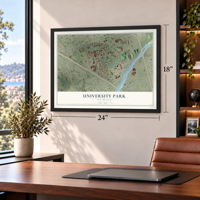 University Park, New Mexico map, 18 x 24 inch print in a black frame in a home office