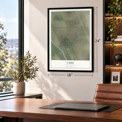 Vado, New Mexico map, 18 x 24 inch print in a black frame in a home office
