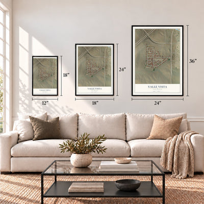 Valle Vista, New Mexico map in 12 x 18, 18 x 24 and 24 x 36 inch sizes above a sofa