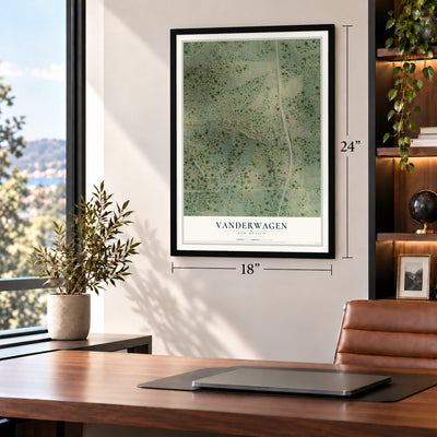 Vanderwagen, New Mexico map, 18 x 24 inch print in a black frame in a home office