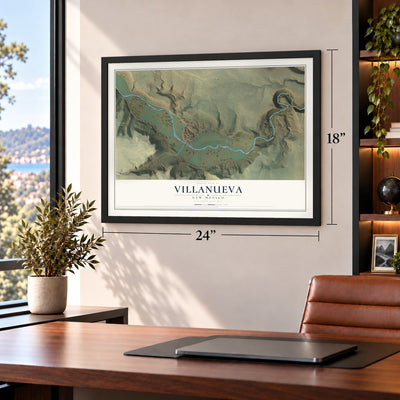 Villanueva, New Mexico map, 18 x 24 inch print in a black frame in a home office