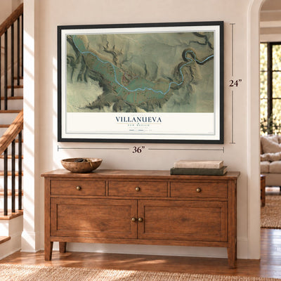 Villanueva, New Mexico map, 24 x 36 inch print in a black frame above a dresser by a staircase