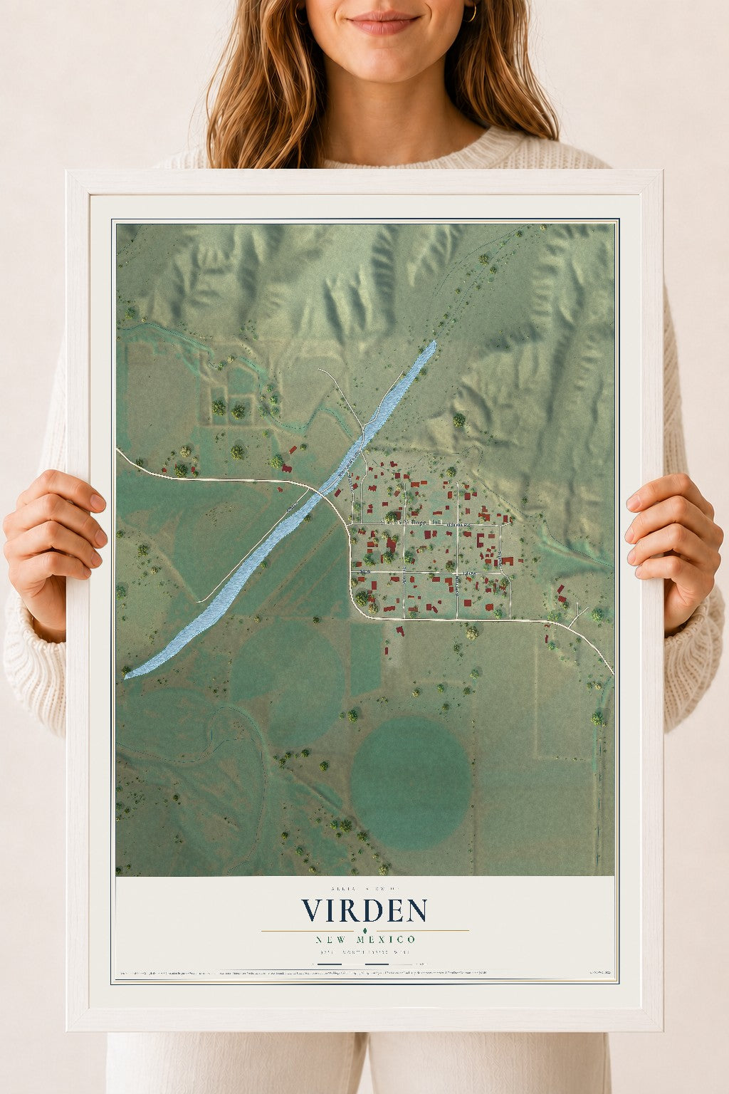 Map of Virden, New Mexico, 18 x 24 inch print in a white wood frame