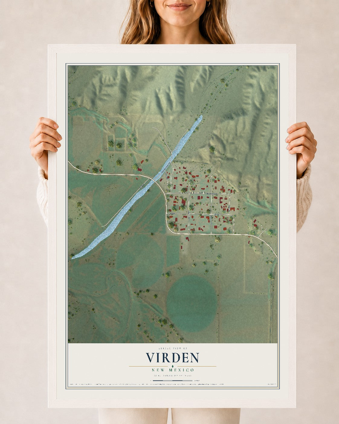 Map of Virden, New Mexico, 24 x 36 inch print in a white wood frame