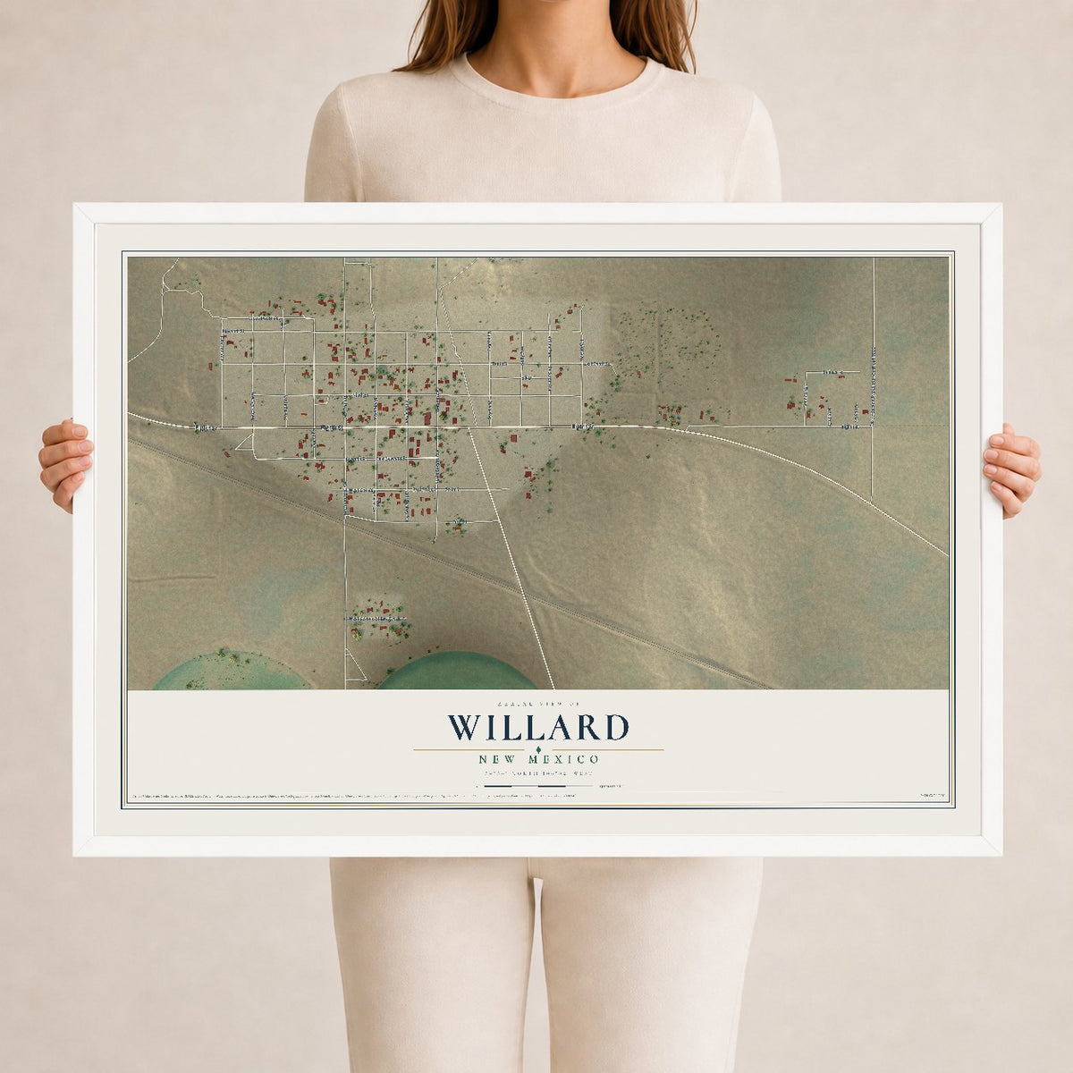 Map of Willard, New Mexico, 24 x 36 inch print in a white wood frame