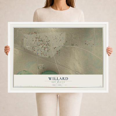 Map of Willard, New Mexico, 24 x 36 inch print in a white wood frame