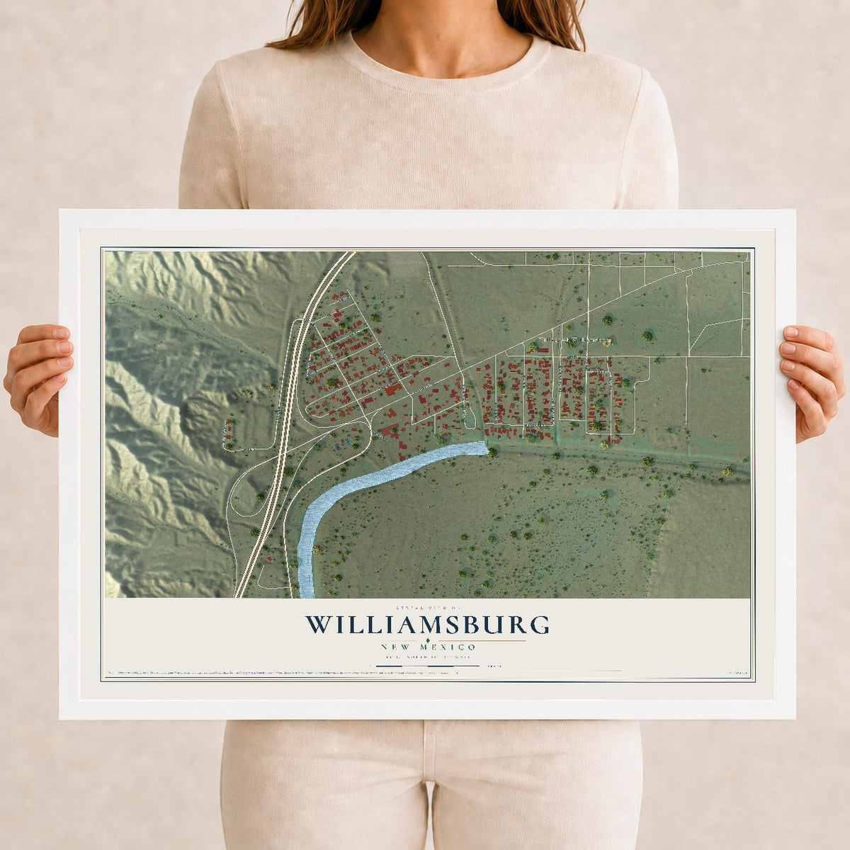 Map of Williamsburg, New Mexico, 12 x 18 inch print in a white wood frame