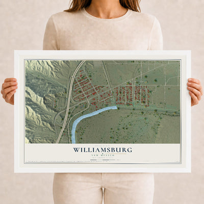 Map of Williamsburg, New Mexico, 12 x 18 inch print in a white wood frame