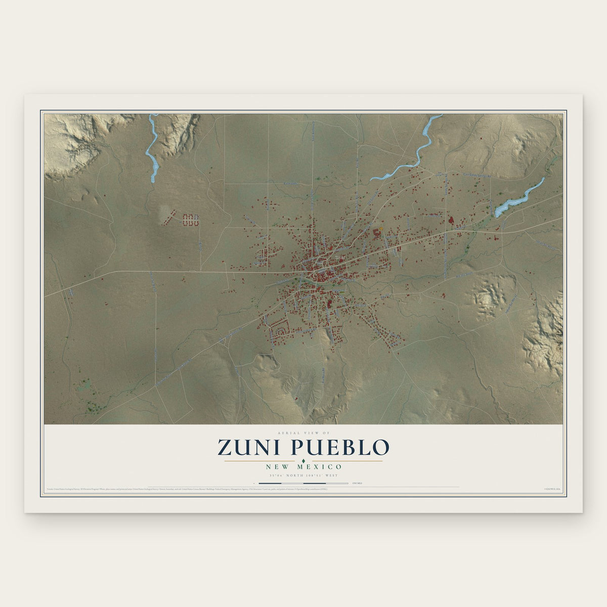 Zuni Pueblo, New Mexico map print, the full design