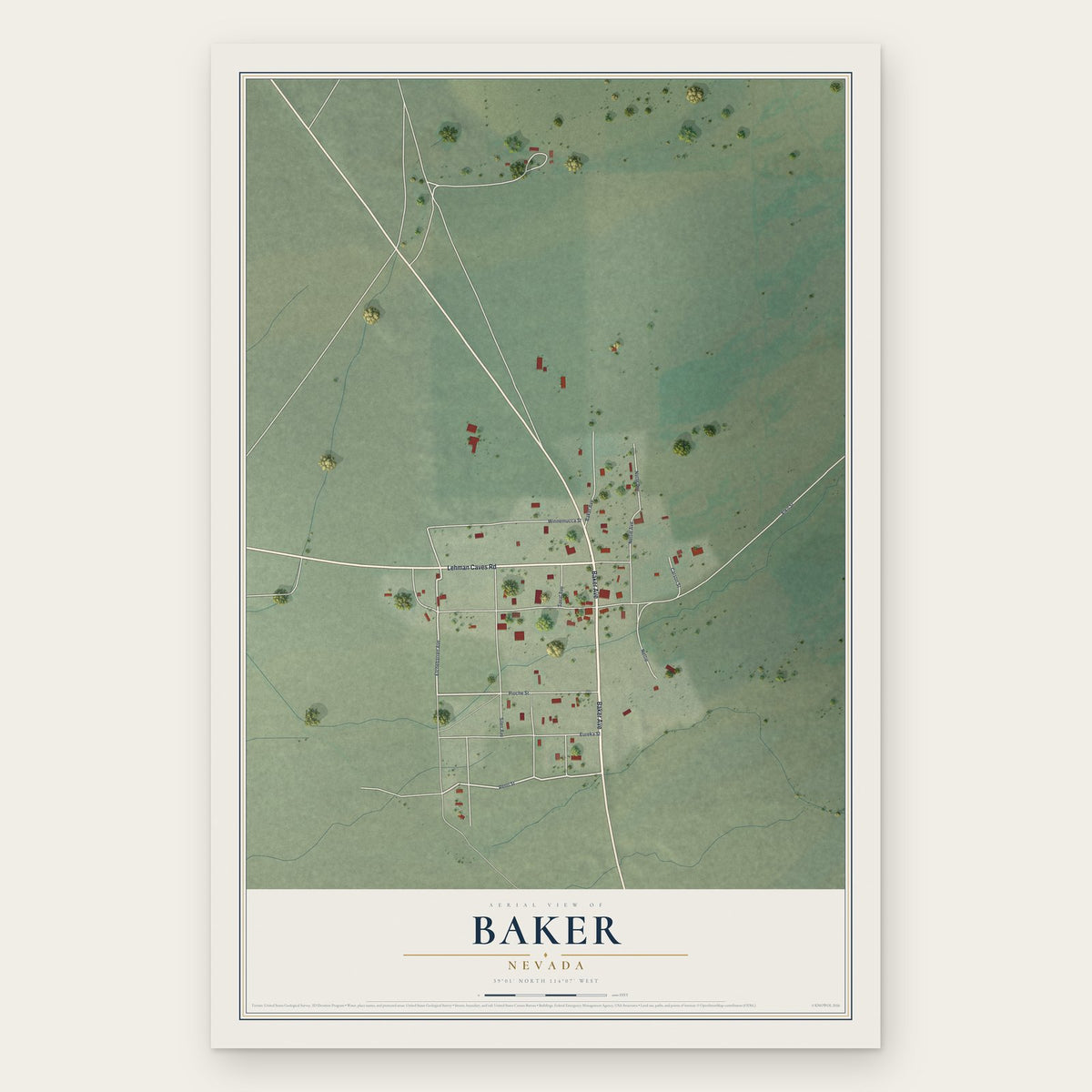Baker, Nevada map print, the full design