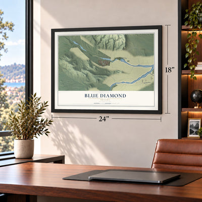 Blue Diamond, Nevada map, 18 x 24 inch print in a black frame in a home office