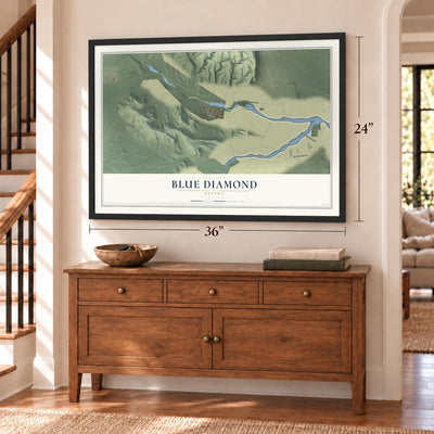 Blue Diamond, Nevada map, 24 x 36 inch print in a black frame above a dresser by a staircase