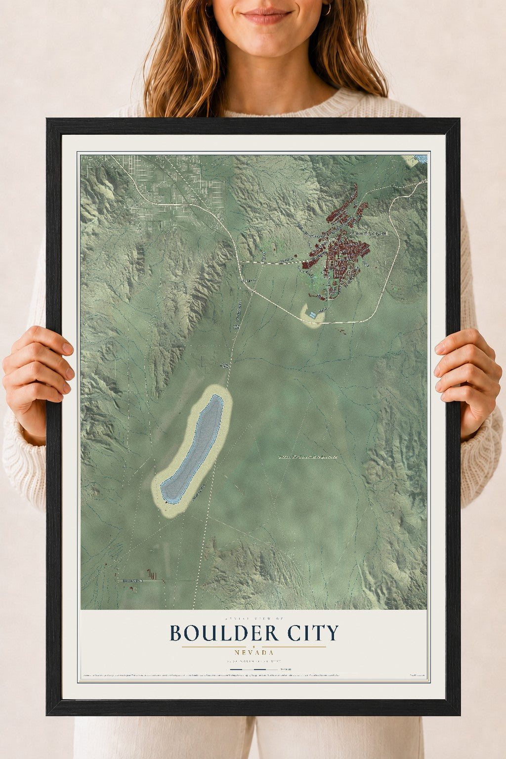 Map of Boulder City, Nevada, 18 x 24 inch print in a black wood frame