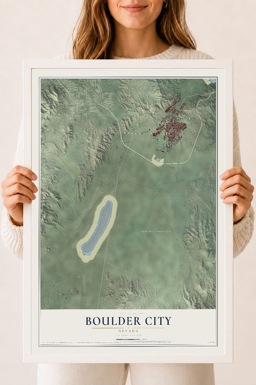 Map of Boulder City, Nevada, 18 x 24 inch print in a white wood frame