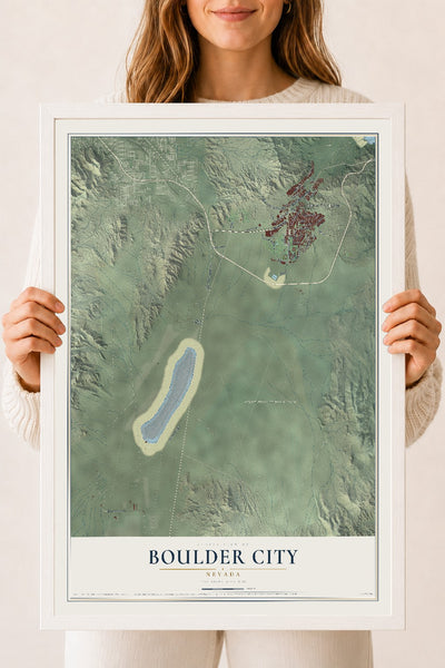 Map of Boulder City, Nevada, 18 x 24 inch print in a white wood frame