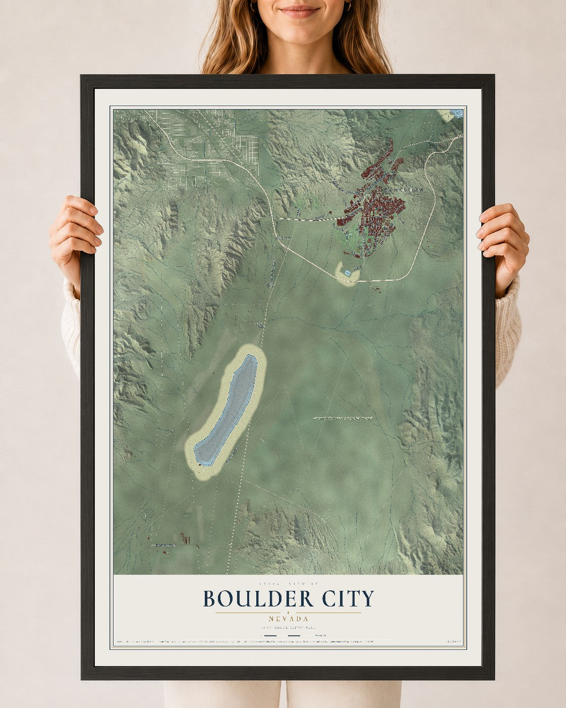 Map of Boulder City, Nevada, 24 x 36 inch print in a black wood frame