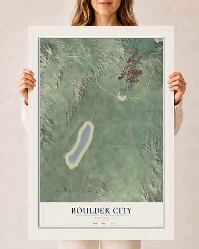 Map of Boulder City, Nevada, 24 x 36 inch print in a white wood frame