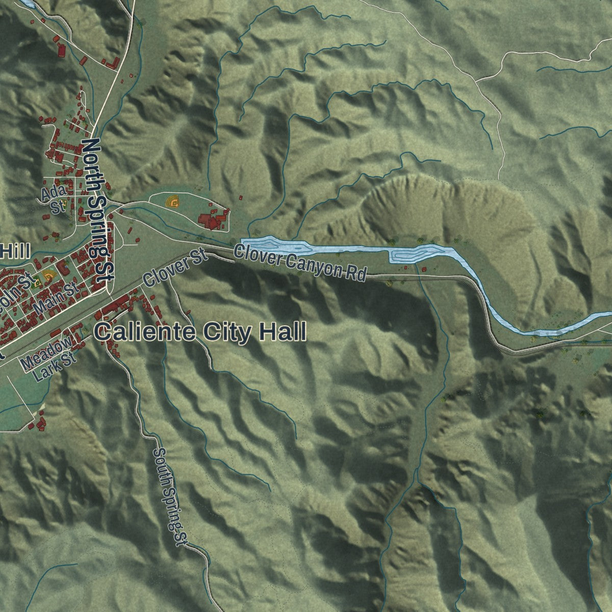 Close-up of the map of Caliente, Nevada print showing street and building detail