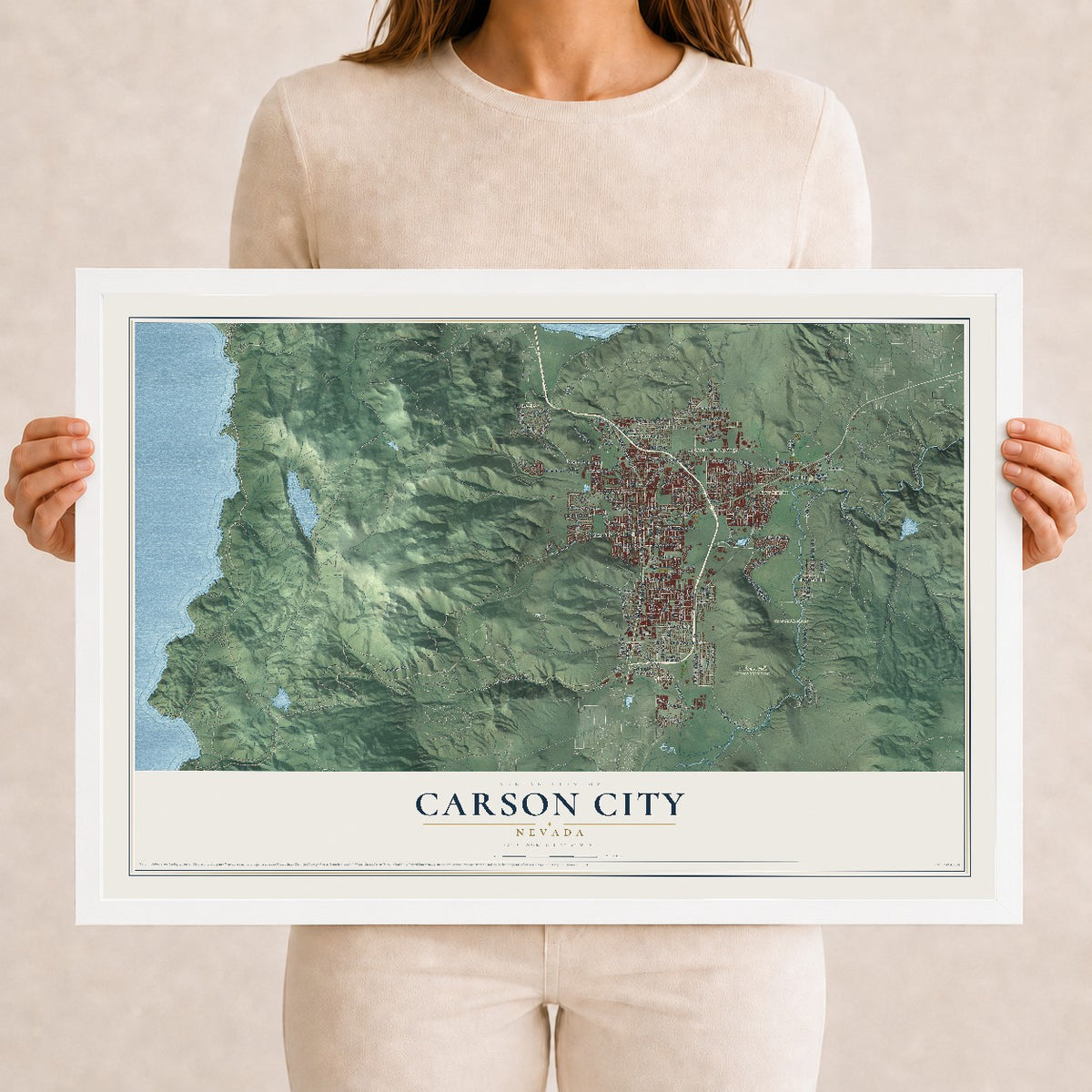 Map of Carson City, Nevada, 12 x 18 inch print in a white wood frame