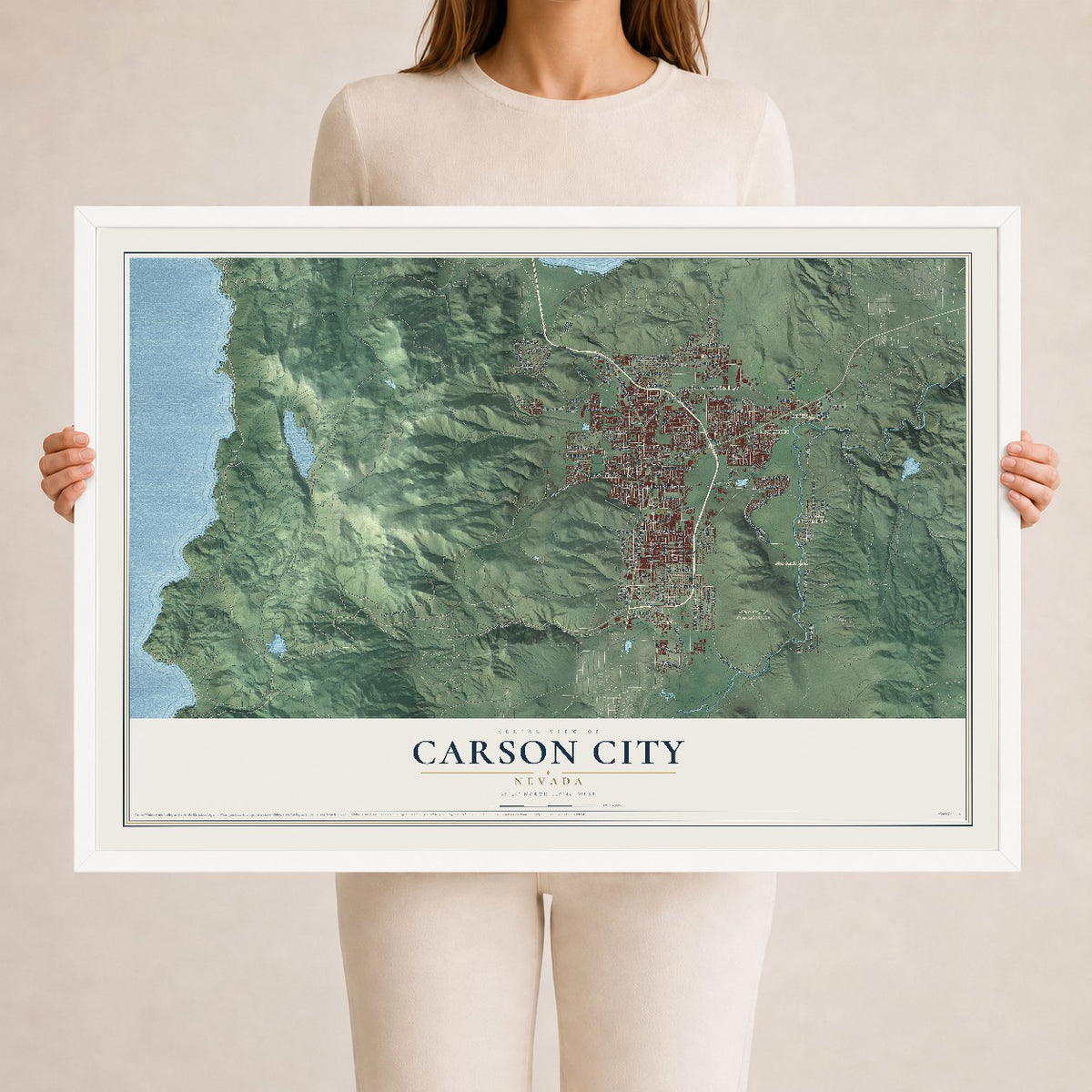 Map of Carson City, Nevada, 24 x 36 inch print in a white wood frame