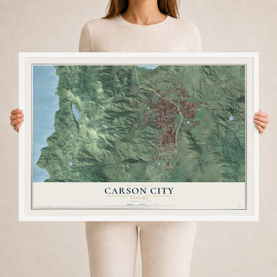 Map of Carson City, Nevada, 24 x 36 inch print in a white wood frame