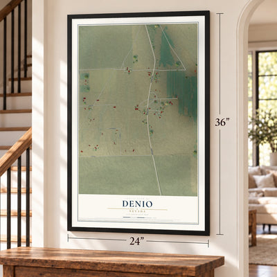 Denio, Nevada map, 24 x 36 inch print in a black frame by a staircase