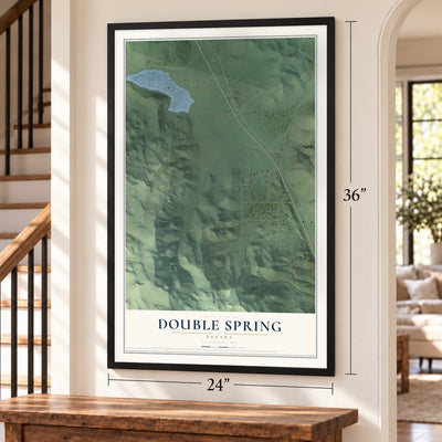 Double Spring, Nevada map, 24 x 36 inch print in a black frame by a staircase