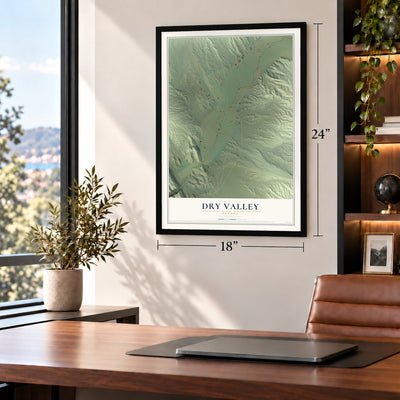 Dry Valley, Nevada map, 18 x 24 inch print in a black frame in a home office