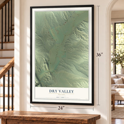 Dry Valley, Nevada map, 24 x 36 inch print in a black frame by a staircase
