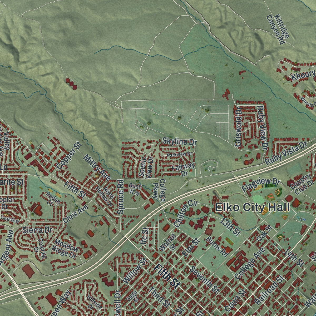 Close-up of the map of Elko, Nevada print showing street and building detail