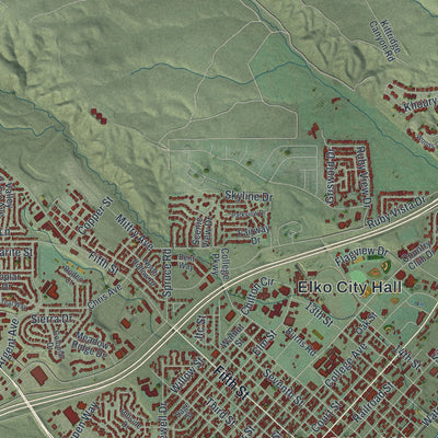 Close-up of the map of Elko, Nevada print showing street and building detail