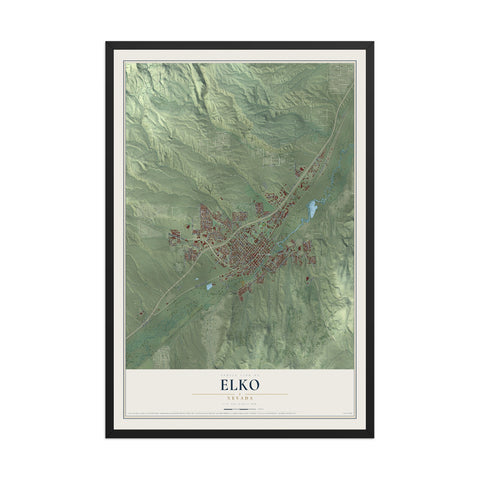 Map of Elko, Nevada, 12 x 18 inch print in a black wood frame