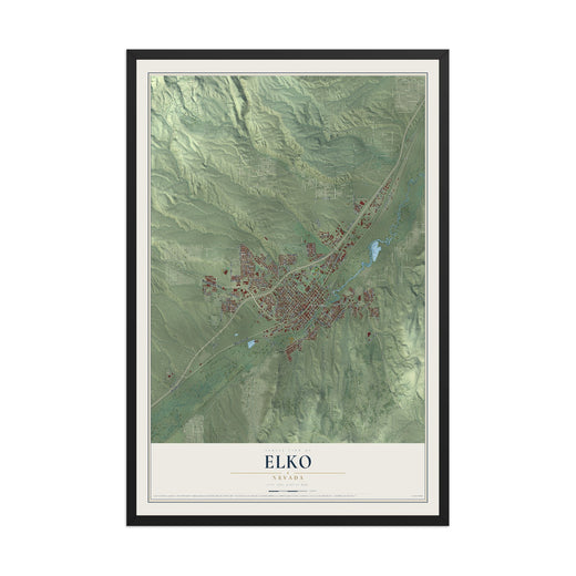 Map of Elko, Nevada, 12 x 18 inch print in a black wood frame
