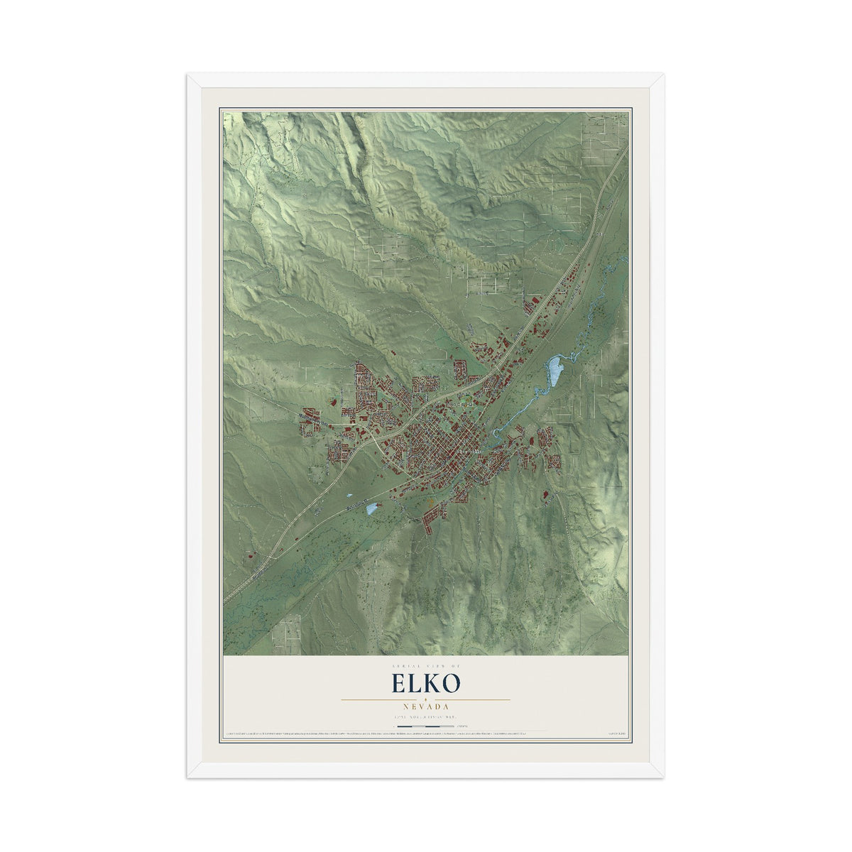 Map of Elko, Nevada, 12 x 18 inch print in a white wood frame