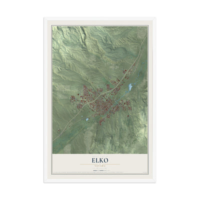 Map of Elko, Nevada, 12 x 18 inch print in a white wood frame