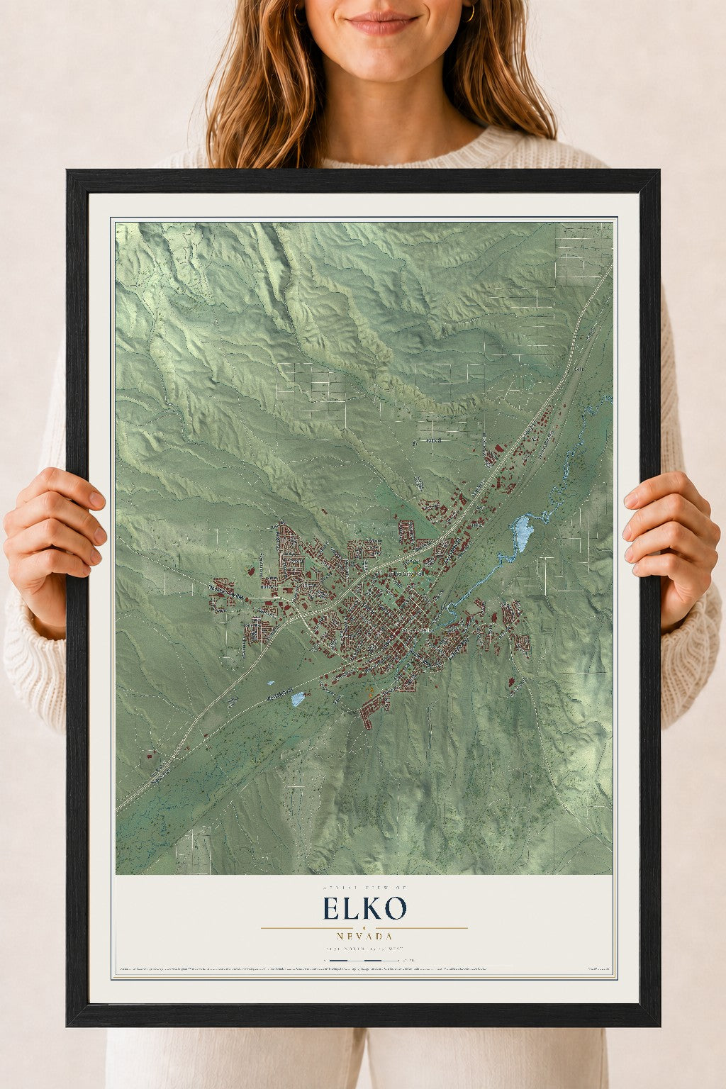 Map of Elko, Nevada, 18 x 24 inch print in a black wood frame